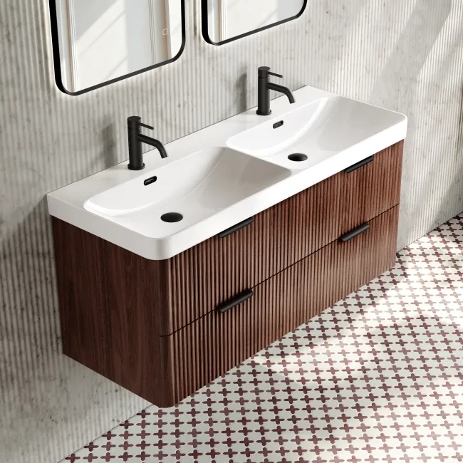Cadiz Fluted Apex Walnut Wall Hung Double Basin Drawer Vanity 1200mm - Black Accents