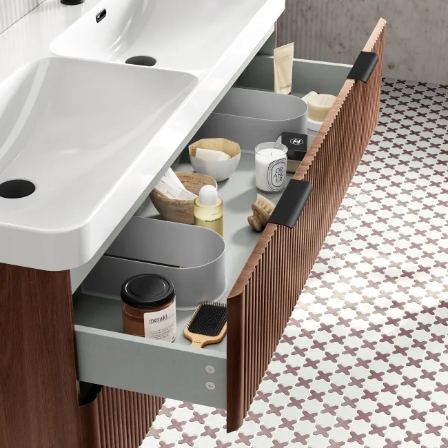 Cadiz Fluted Apex Walnut Wall Hung Double Basin Drawer Vanity 1200mm - Black Accents