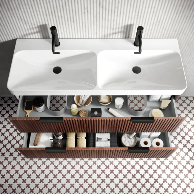 Cadiz Fluted Apex Walnut Wall Hung Double Basin Drawer Vanity 1200mm - Black Accents