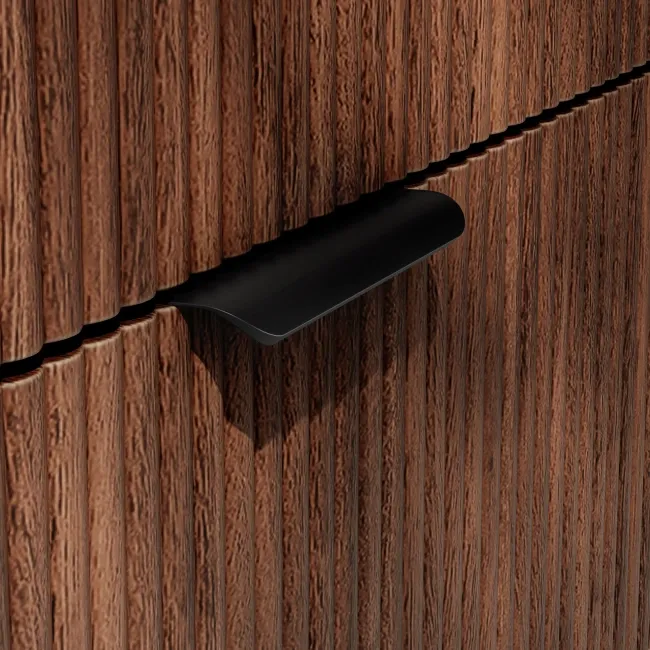 Cadiz Fluted Apex Walnut Wall Hung Double Basin Drawer Vanity 1200mm - Black Accents