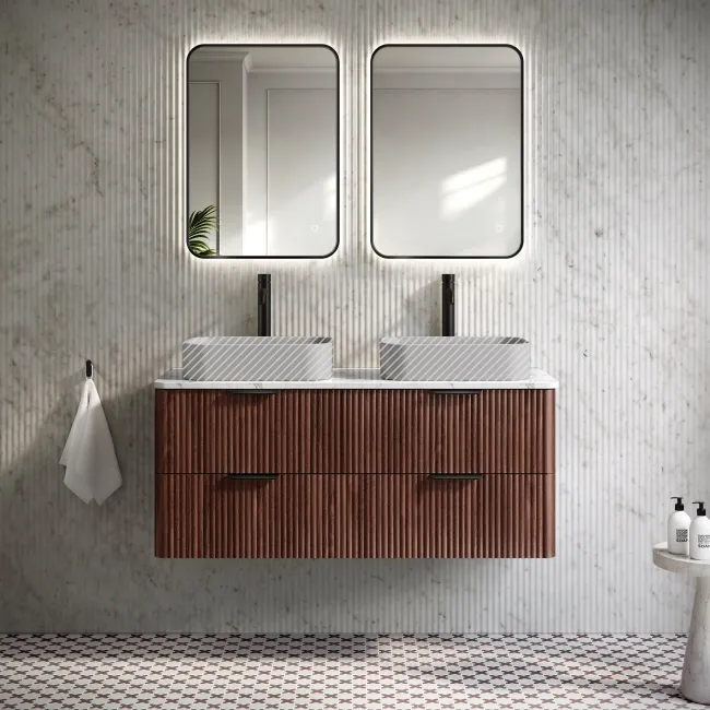 Cadiz Fluted Apex Walnut Double Wall Hung Drawer Vanity with Marble Top 1200mm (Excludes Basin) - Black Accents