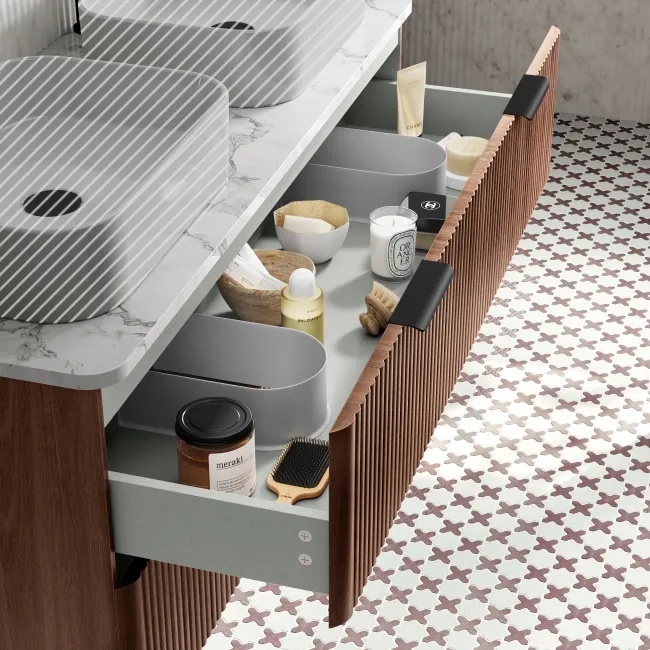 Cadiz Fluted Apex Walnut Double Wall Hung Drawer Vanity with Marble Top 1200mm (Excludes Basin) - Black Accents