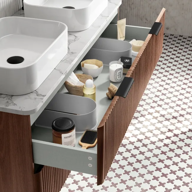 Cadiz Fluted Apex Walnut Double Wall Hung Drawer Vanity with Marble Top & Marin Basin 1200mm - Black Accents
