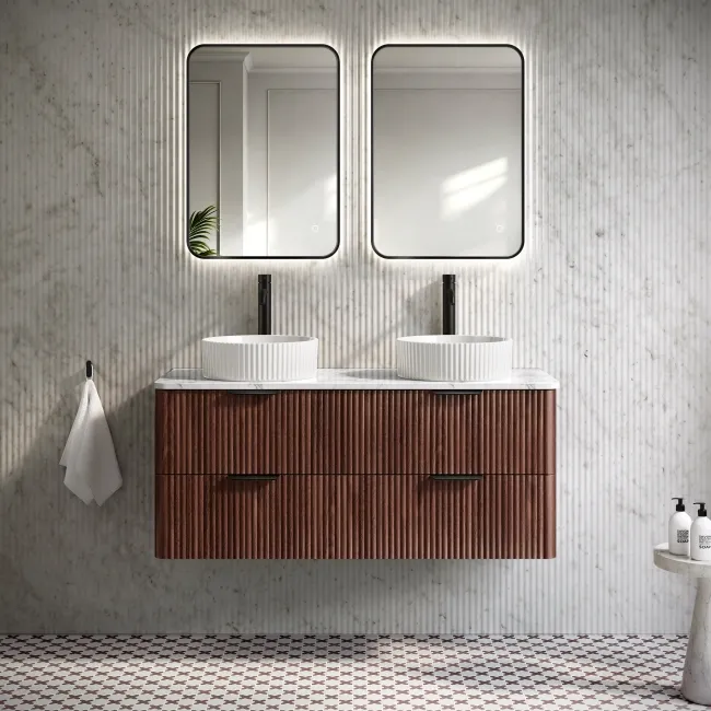 Cadiz Fluted Apex Walnut Double Wall Hung Drawer Vanity with Marble Top & Nevis Basin 1200mm - Black Accents