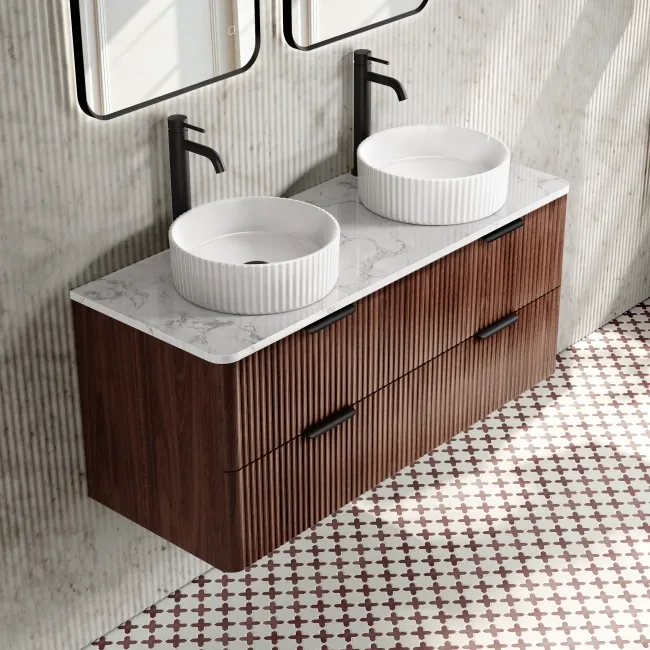 Cadiz Fluted Apex Walnut Double Wall Hung Drawer Vanity with Marble Top & Nevis Basin 1200mm - Black Accents