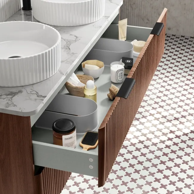 Cadiz Fluted Apex Walnut Double Wall Hung Drawer Vanity with Marble Top & Nevis Basin 1200mm - Black Accents