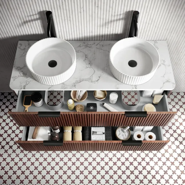 Cadiz Fluted Apex Walnut Double Wall Hung Drawer Vanity with Marble Top & Nevis Basin 1200mm - Black Accents