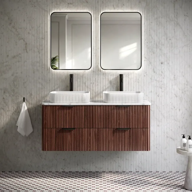 Cadiz Fluted Apex Walnut Double Wall Hung Drawer Vanity with Marble Top & Reno Basin 1200mm - Black Accents