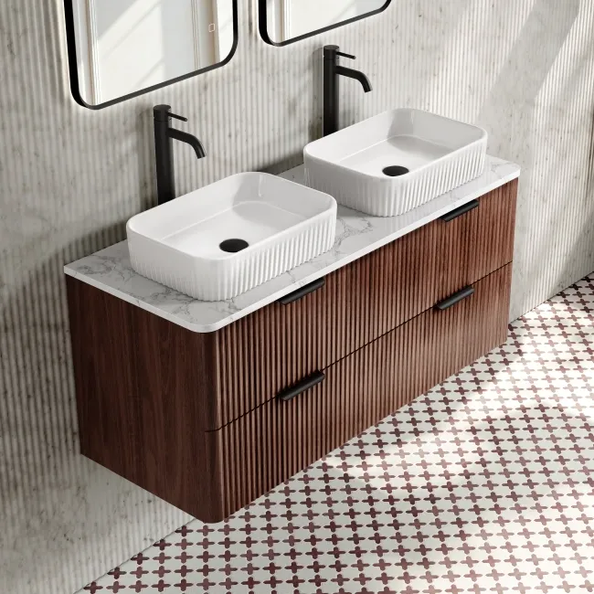 Cadiz Fluted Apex Walnut Double Wall Hung Drawer Vanity with Marble Top & Reno Basin 1200mm - Black Accents