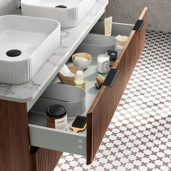 Cadiz Fluted Apex Walnut Double Wall Hung Drawer Vanity with Marble Top & Reno Basin 1200mm - Black Accents