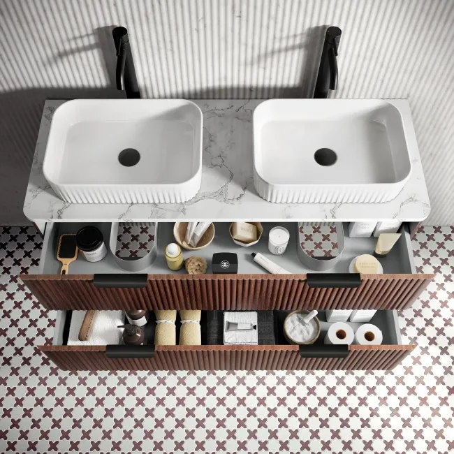Cadiz Fluted Apex Walnut Double Wall Hung Drawer Vanity with Marble Top & Reno Basin 1200mm - Black Accents