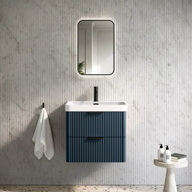 Cadiz Fluted Navy Blue Wall Hung Basin Drawer Vanity 600mm - Black Accents