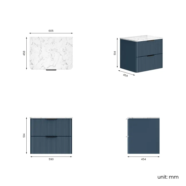 Cadiz Fluted Navy Blue Wall Hung Drawer Vanity with Marble Top 600mm (Excludes Basin) - Black Accents