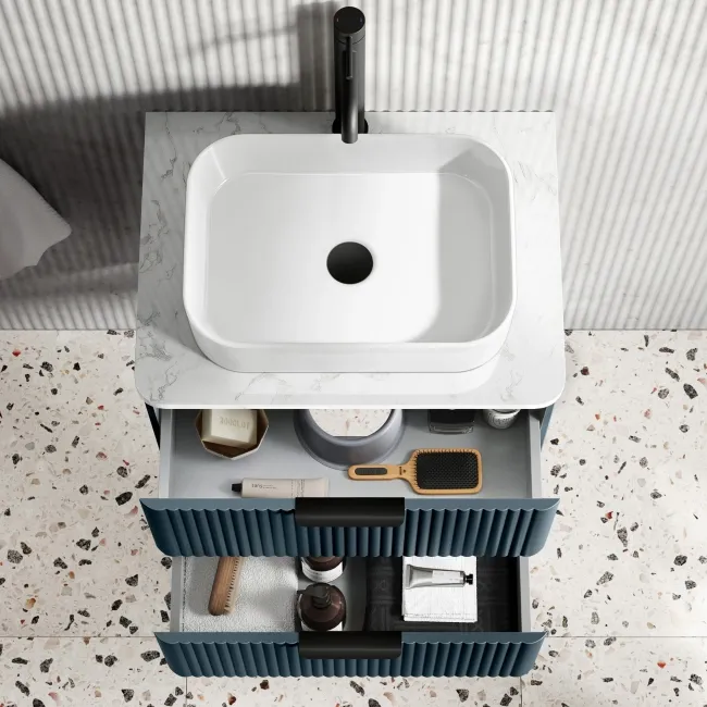 Cadiz Fluted Navy Blue Wall Hung Drawer Vanity with Marble Top & Marin Basin 600mm - Black Accents