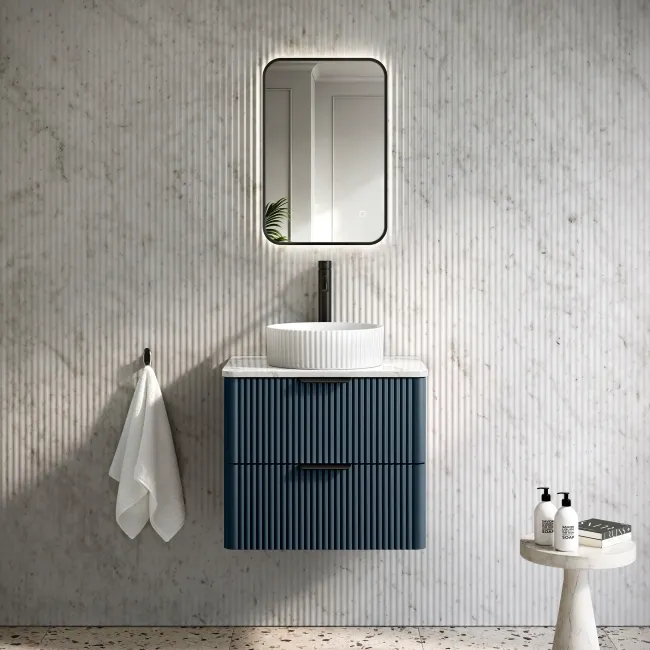 Cadiz Fluted Navy Blue Wall Hung Drawer Vanity with Marble Top & Nevis Basin 600mm - Black Accents