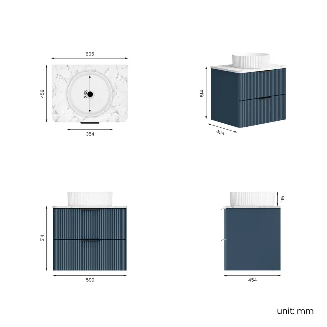 Cadiz Fluted Navy Blue Wall Hung Drawer Vanity with Marble Top & Nevis Basin 600mm - Black Accents