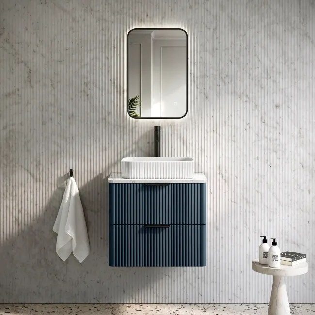 Cadiz Fluted Navy Blue Wall Hung Drawer Vanity with Marble Top & Reno Basin 600mm - Black Accents