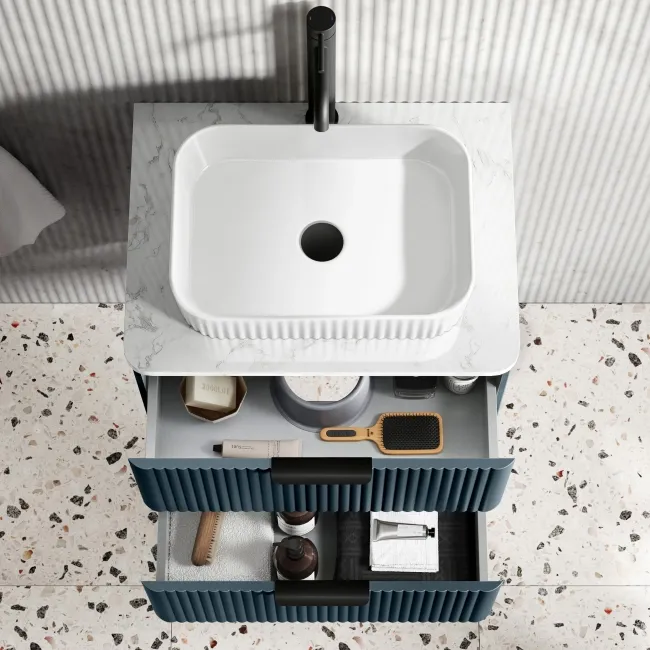 Cadiz Fluted Navy Blue Wall Hung Drawer Vanity with Marble Top & Reno Basin 600mm - Black Accents