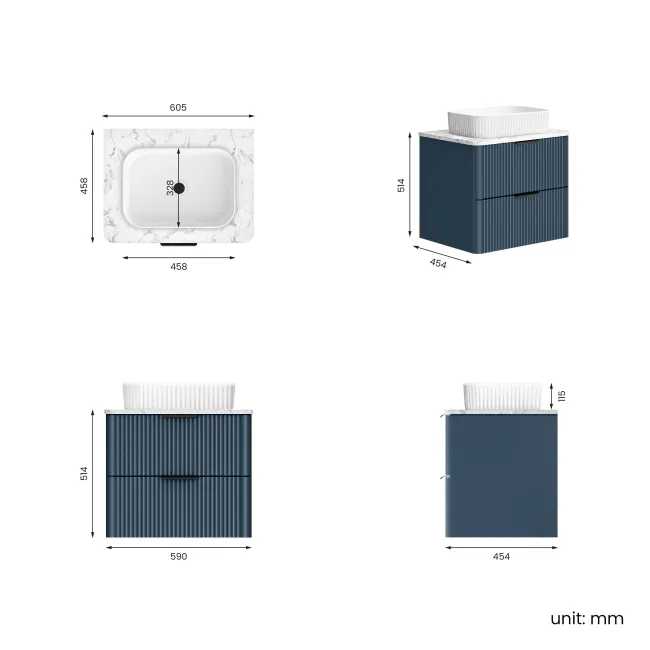Cadiz Fluted Navy Blue Wall Hung Drawer Vanity with Marble Top & Reno Basin 600mm - Black Accents