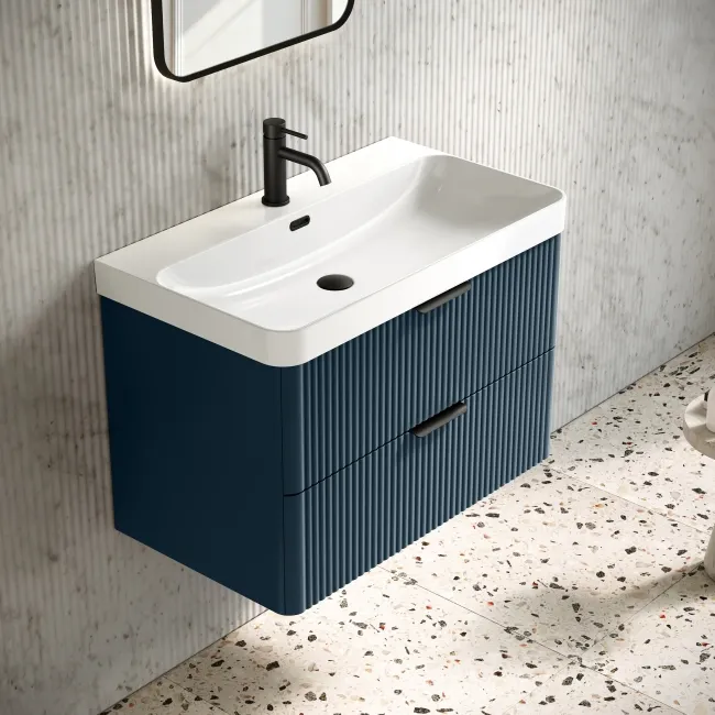 Cadiz Fluted Navy Blue Wall Hung Basin Drawer Vanity 800mm - Black Accents
