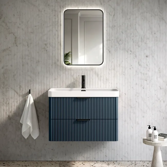 Cadiz Fluted Navy Blue Wall Hung Basin Drawer Vanity 800mm - Black Accents