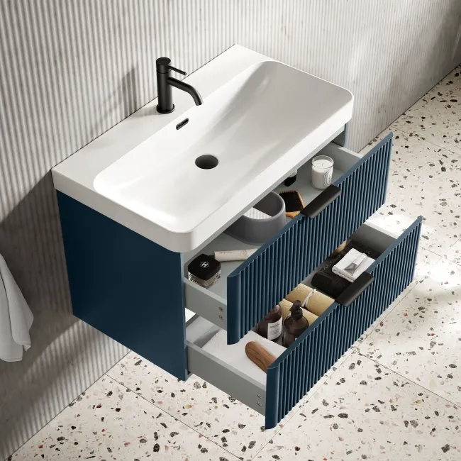 Cadiz Fluted Navy Blue Wall Hung Basin Drawer Vanity 800mm - Black Accents
