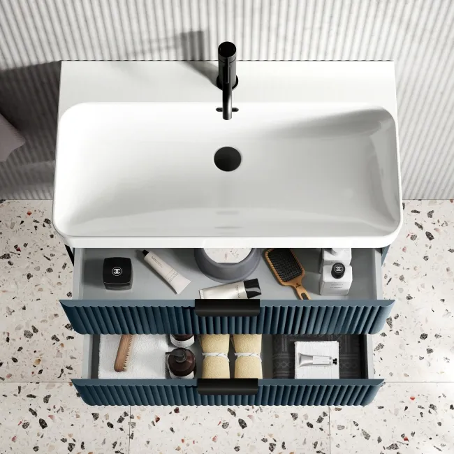 Cadiz Fluted Navy Blue Wall Hung Basin Drawer Vanity 800mm - Black Accents