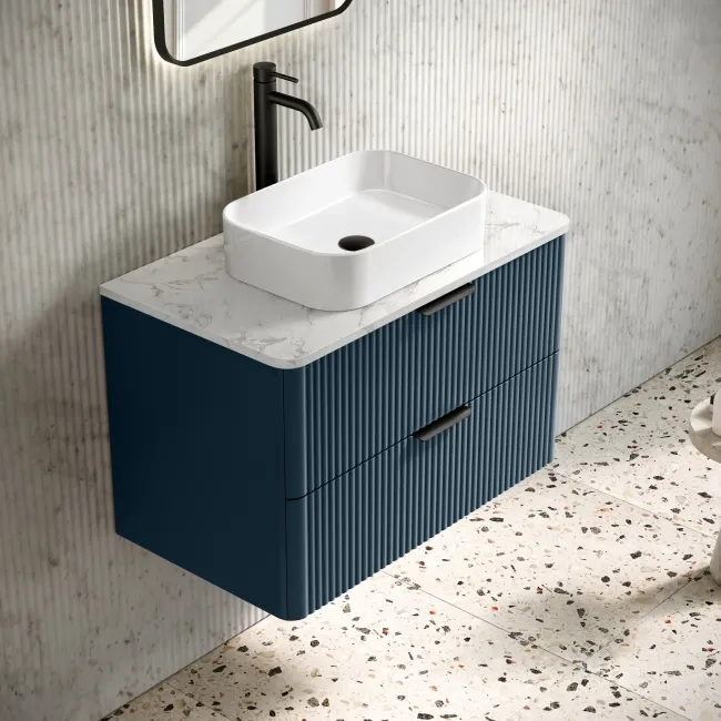 Cadiz Fluted Navy Blue Wall Hung Drawer Vanity with Marble Top 800mm (Excludes Basin) - Black Accents
