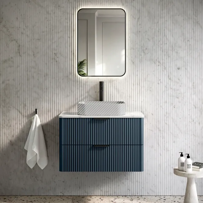 Cadiz Fluted Navy Blue Wall Hung Drawer Vanity with Marble Top 800mm (Excludes Basin) - Black Accents