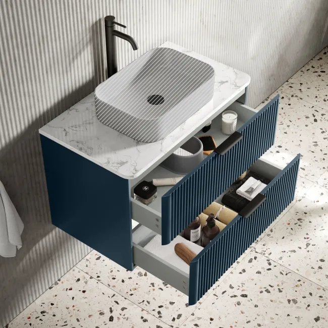 Cadiz Fluted Navy Blue Wall Hung Drawer Vanity with Marble Top 800mm (Excludes Basin) - Black Accents