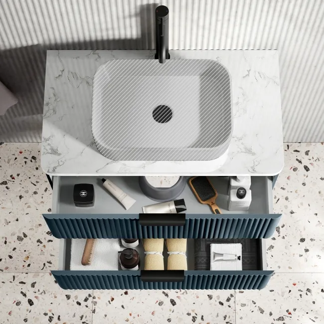 Cadiz Fluted Navy Blue Wall Hung Drawer Vanity with Marble Top 800mm (Excludes Basin) - Black Accents