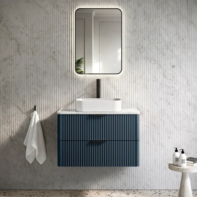 Cadiz Fluted Navy Blue Wall Hung Drawer Vanity with Marble Top & Marin Basin 800mm - Black Accents