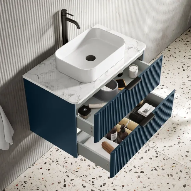 Cadiz Fluted Navy Blue Wall Hung Drawer Vanity with Marble Top & Marin Basin 800mm - Black Accents
