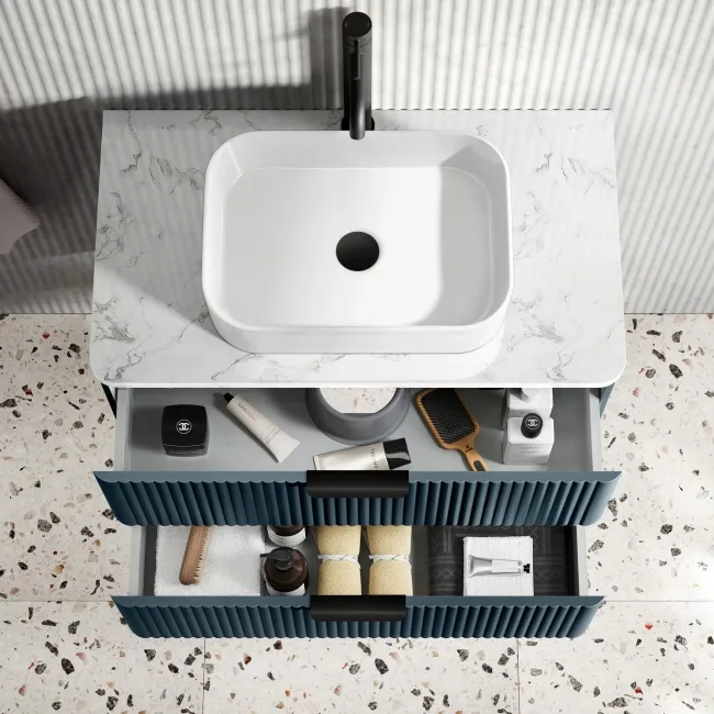 Cadiz Fluted Navy Blue Wall Hung Drawer Vanity with Marble Top & Marin Basin 800mm - Black Accents