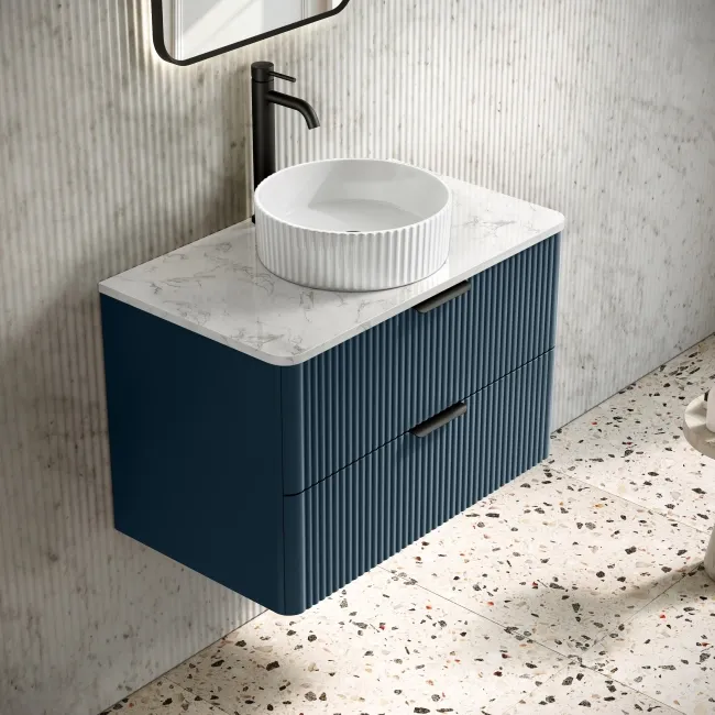 Cadiz Fluted Navy Blue Wall Hung Drawer Vanity with Marble Top & Nevis Basin 800mm - Black Accents