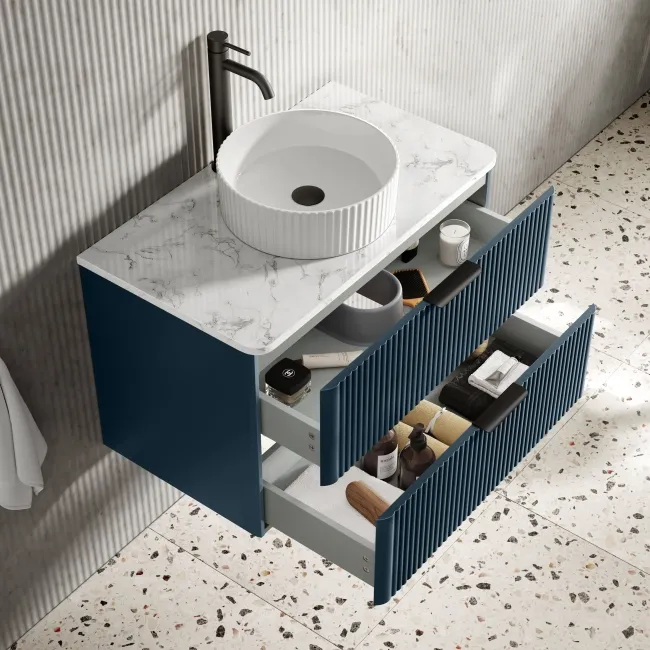 Cadiz Fluted Navy Blue Wall Hung Drawer Vanity with Marble Top & Nevis Basin 800mm - Black Accents