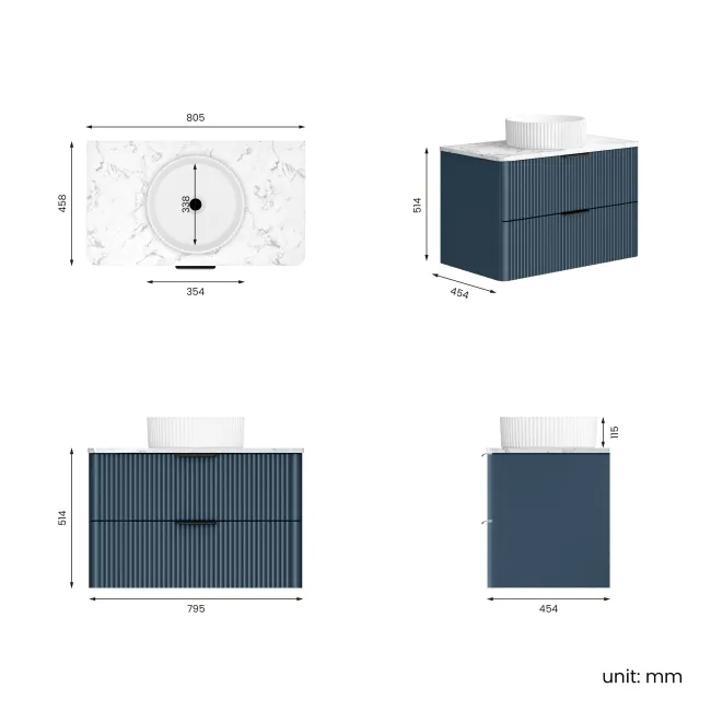 Cadiz Fluted Navy Blue Wall Hung Drawer Vanity with Marble Top & Nevis Basin 800mm - Black Accents