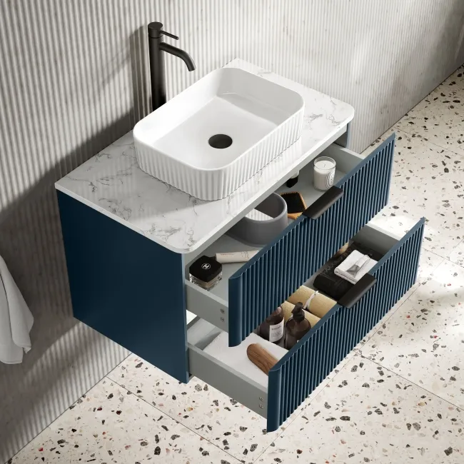 Cadiz Fluted Navy Blue Wall Hung Drawer Vanity with Marble Top & Reno Basin 800mm - Black Accents