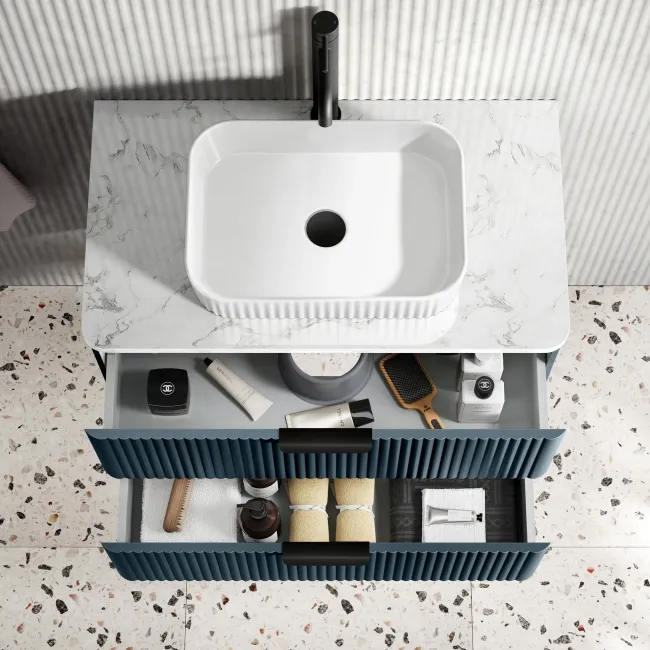 Cadiz Fluted Navy Blue Wall Hung Drawer Vanity with Marble Top & Reno Basin 800mm - Black Accents