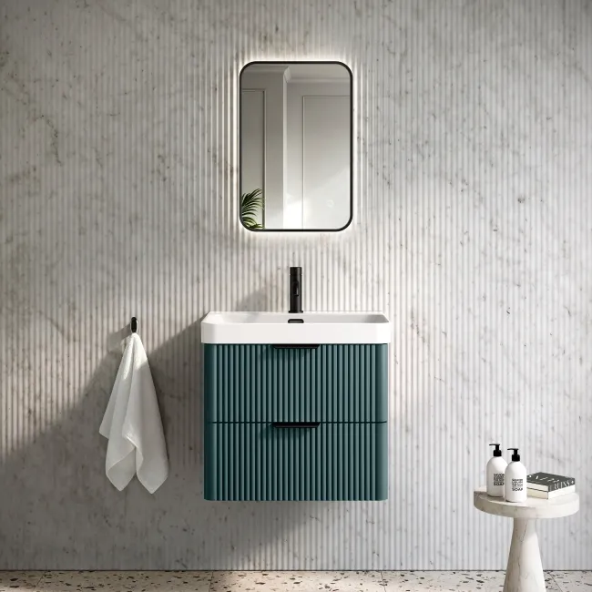 Cadiz Fluted Mystic Green Wall Hung Basin Drawer Vanity 600mm - Black Accents