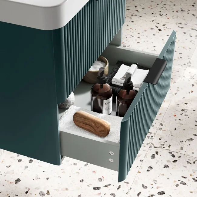 Cadiz Fluted Mystic Green Wall Hung Basin Drawer Vanity 600mm - Black Accents
