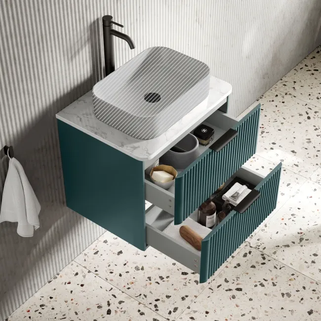 Cadiz Fluted Mystic Green Wall Hung Drawer Vanity with Marble Top 600mm (Excludes Basin) - Black Accents