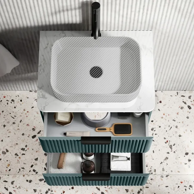 Cadiz Fluted Mystic Green Wall Hung Drawer Vanity with Marble Top 600mm (Excludes Basin) - Black Accents