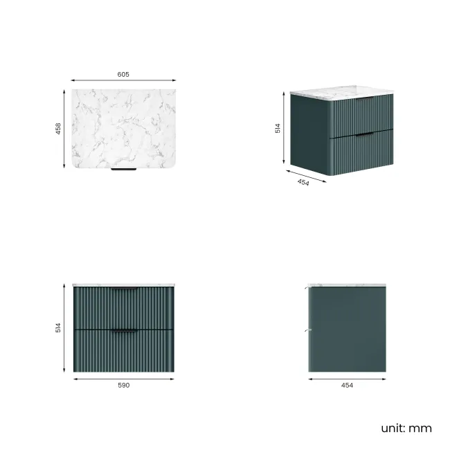 Cadiz Fluted Mystic Green Wall Hung Drawer Vanity with Marble Top 600mm (Excludes Basin) - Black Accents