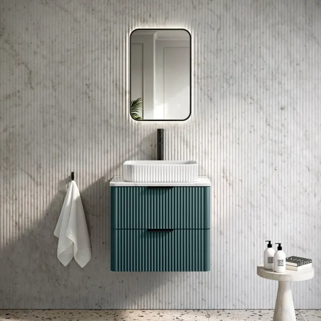 Cadiz Fluted Mystic Green Wall Hung Drawer Vanity with Marble Top & Reno Basin 600mm - Black Accents
