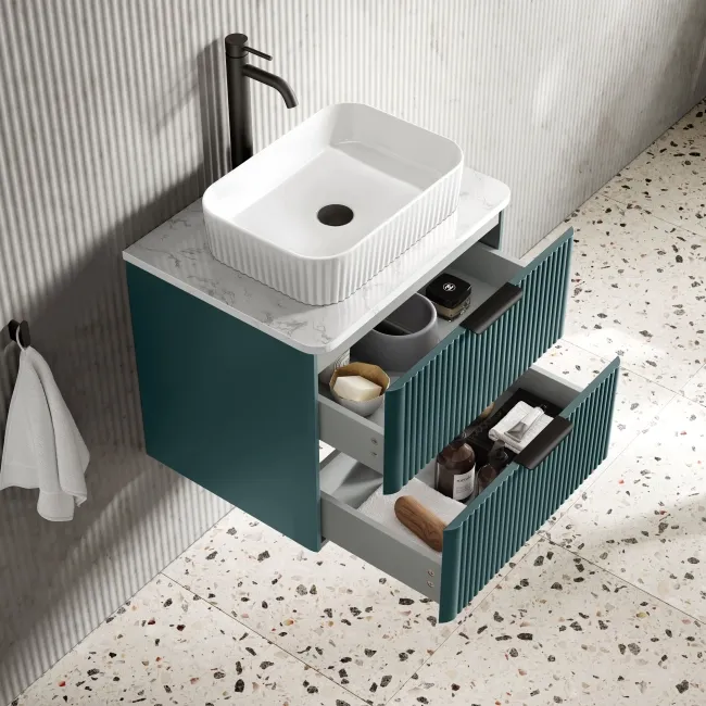 Cadiz Fluted Mystic Green Wall Hung Drawer Vanity with Marble Top & Reno Basin 600mm - Black Accents
