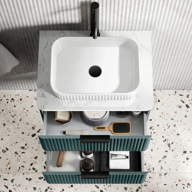 Cadiz Fluted Mystic Green Wall Hung Drawer Vanity with Marble Top & Reno Basin 600mm - Black Accents