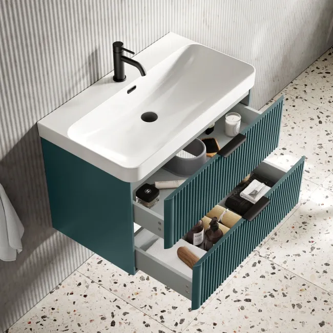Cadiz Fluted Mystic Green Wall Hung Basin Drawer Vanity 800mm - Black Accents