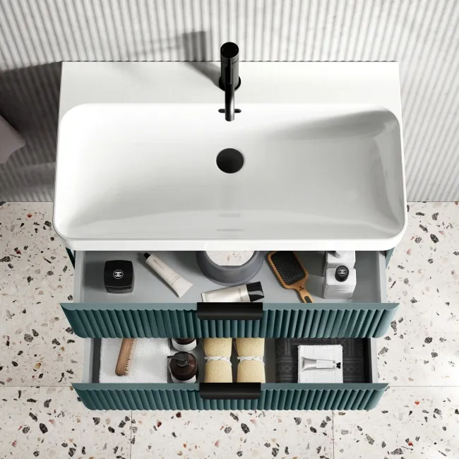 Cadiz Fluted Mystic Green Wall Hung Basin Drawer Vanity 800mm - Black Accents