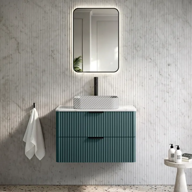 Cadiz Fluted Mystic Green Wall Hung Drawer Vanity with Marble Top 800mm (Excludes Basin) - Black Accents